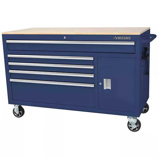 56 inches. W 5 Drawer 1 Door Deep Tool Box Mobile Workbench, Bright Blue, Hardwood Top